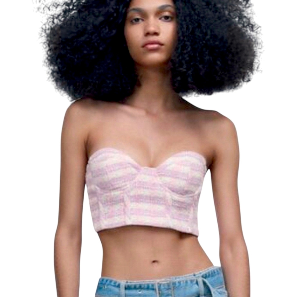 ZARA Pink Y2K Tweed Strapless Corset Top | Bustier Party Crop Trend Sz L‎ NWT